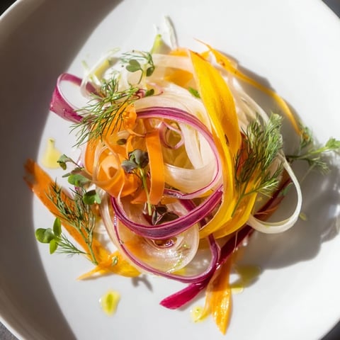 The Spinning Top salad, a vibrant arrangement of shaved vegetables and fresh herbs, ready to be enjoyed.