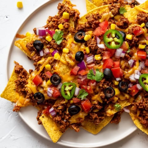Easy sheet-pan nachos with melted cheese, seasoned beef, and fresh, colorful toppings ready to enjoy.