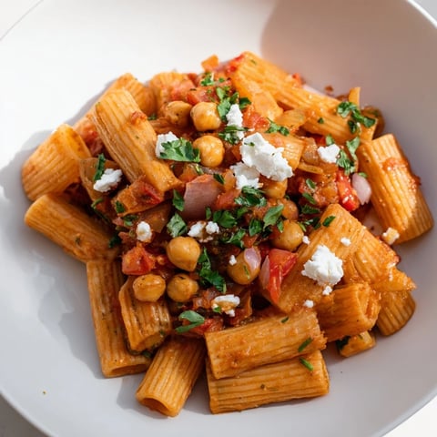 Steaming plate of Harissa Chickpea Pasta, boasting vibrant red sauce, topped with fresh herbs and feta.