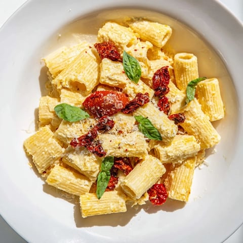 Baked feta pasta with sun-dried tomatoes—a creamy, vibrant meal with delicious, bursting oven-baked cherry tomatoes.