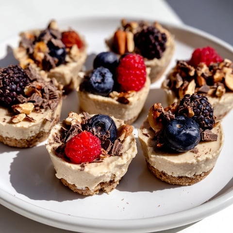 Protein cheesecake cups, ready to eat, topped with fresh berries and a creamy, delicious filling.