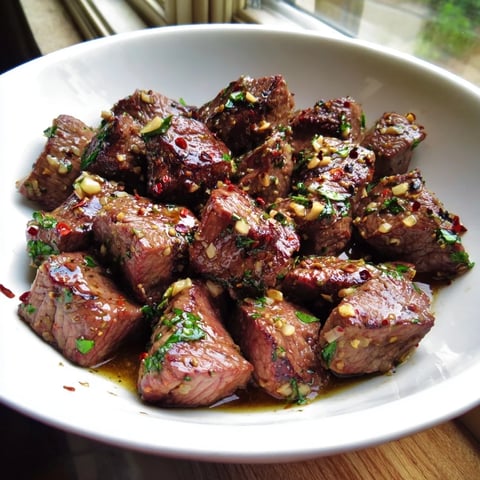 Golden-brown Garlic Butter Steak Bites, glistening, ready to eat alongside fresh parsley garnish.