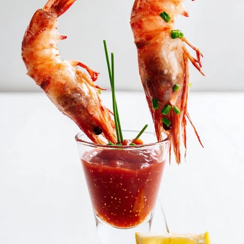 Succulent Retro Prawn Cocktail Shooters, chilled and garnished, a fancy appetizer for any party.