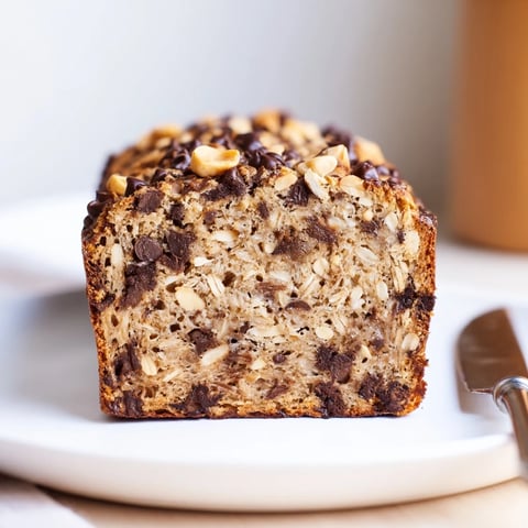A freshly baked loaf of Chocolate Chip Peanut Butter Oatmeal Banana Bread, showcasing golden brown crust, melted chocolate chips, and hearty oats visible on top.