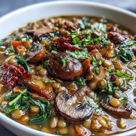 Steaming bowl of Double Lentil and Mushroom Barley Soup garnished with fresh parsley.