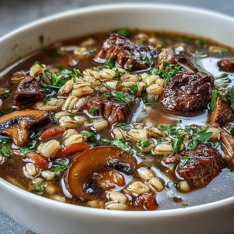 A bowl of hearty Beef and Barley Soup with Mushrooms, featuring tender beef and chopped parsley garnish.