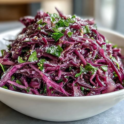 Red Cabbage Coleslaw with Apple and Parmesan served in a white bowl with fresh parsley garnish.