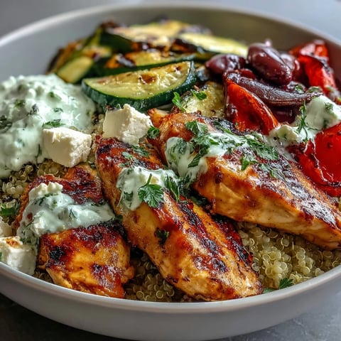 In this Healthy Grilled Mediterranean Bowl, charred vegetables and juicy chicken are served over fluffy quinoa with a creamy tzatziki drizzle.