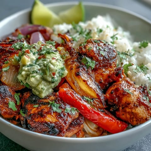 Golden-brown Sheet Pan Chicken Tinga Bowl with roasted red and yellow peppers, onions, and chipotle-spiced chicken thighs atop fluffy white rice, topped with a vibrant avocado salsa.