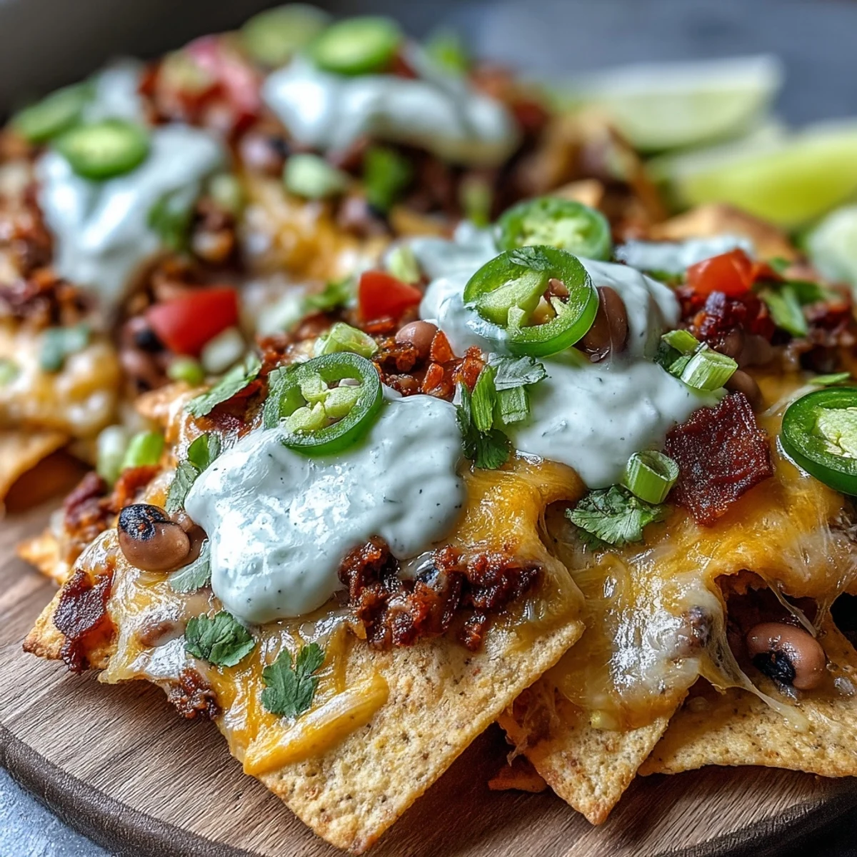 Crispy tortilla chips loaded with Black-Eyed Pea Nachos, topped with melted cheddar, sour cream, and spicy jalapeños.