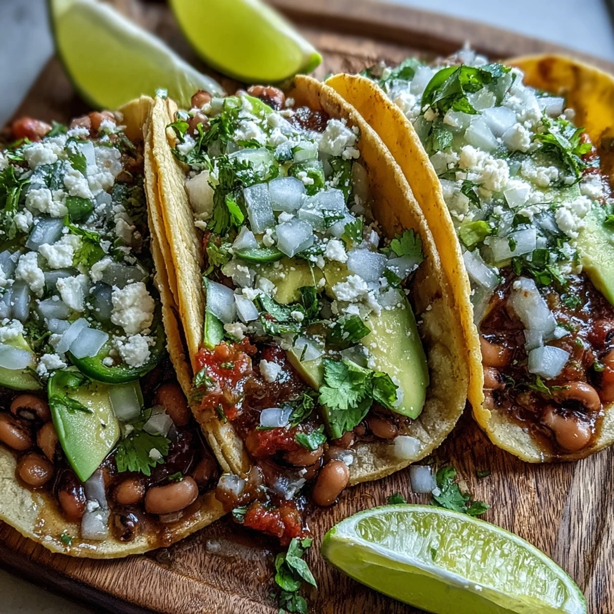 Black-Eyed Pea Tacos topped with cilantro, onion, and lime, served on warm corn tortillas for a vibrant vegetarian meal.