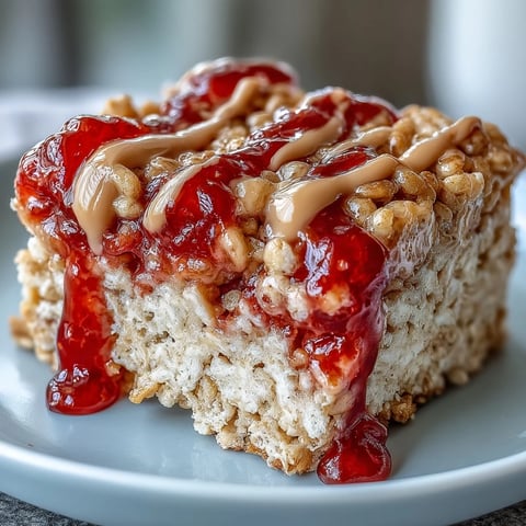 Freshly cut High-Protein PB&J Rice Krispie Bars showcasing chewy texture, peanut butter drizzle, and jelly swirls on a marble slab.