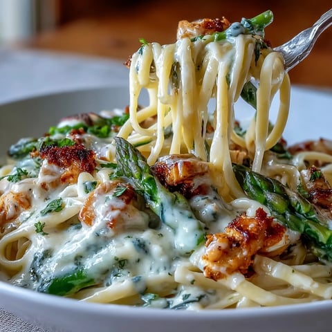 Creamy Asiago Chicken & Asparagus Pasta served on a white plate, featuring golden-brown chicken and vibrant green, crispy-tipped asparagus. 
