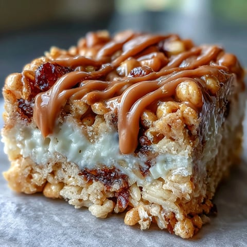 A close-up of sliced High-Protein PB&J Rice Krispie Bars showing a peanut butter drizzle and jelly swirl over the crispy base.