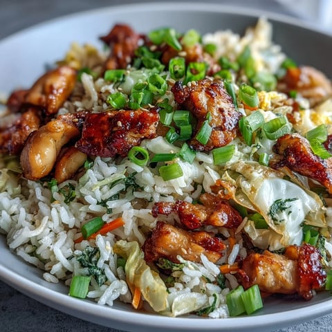 Freshly cooked Egg Roll Fried Rice with Chicken features tender chicken, crisp cabbage and carrots, and fluffy rice tossed in a savory sauce. 