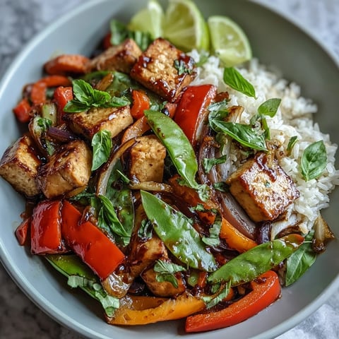 Golden seared tofu cubes, crisp bell peppers, and snap peas wok-tossed in a savory garlic sauce, topped with fresh Thai basil, served over steamed jasmine rice for a vibrant Vegan Thai Basil Tofu Stir-Fry.