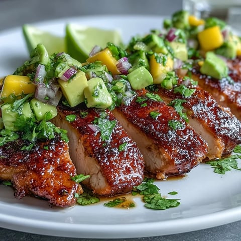 Sliced grilled chicken breast topped with mango avocado salsa, fresh cilantro, and lime wedges on a platter.