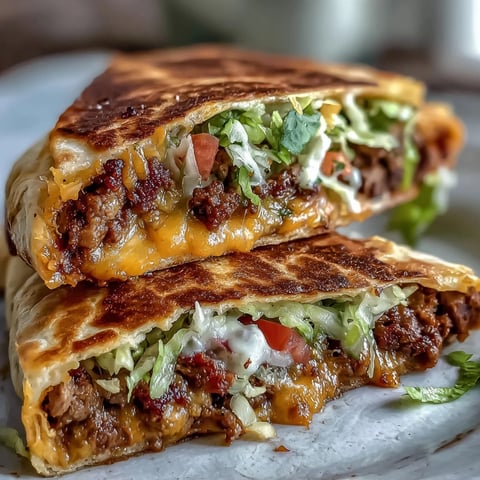 Golden, crispy Keto Taco Bell Copycat Crunchwrap halves reveal seasoned ground beef, melted cheddar, and fresh lettuce inside.