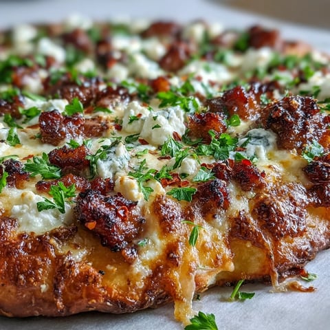 Hot Sausage Feta Honey Pizza with golden crust, spicy crumbled sausage, creamy feta, and a glistening hot honey drizzle on a wooden cutting board. 