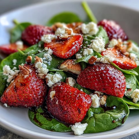 Fresh strawberry spinach salad with feta and toasted almonds in a white bowl, vibrant red berries contrasting with creamy cheese and green spinach.