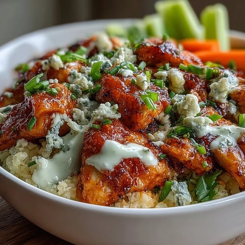 Keto Buffalo Chicken Cauliflower Rice Bowls with spicy chicken, crisp veggies, and creamy ranch drizzle in a low-carb meal prep bowl.  