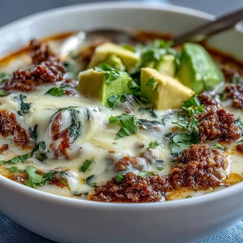 A steaming bowl of keto taco soup topped with melted cheese, diced avocado, and fresh cilantro.  