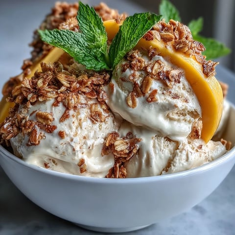 Creamy vegan mango coconut ice cream with toasted oats in a bowl, topped with fresh mango slices and mint leaves.  