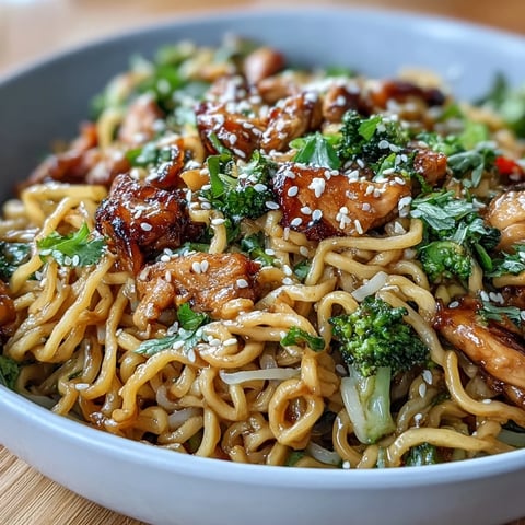 Sticky Garlic Chicken Noodles in a savory soy-honey sauce with tender chicken and crisp vegetables.  