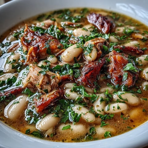 Smoked turkey and white bean soup with herbs in a rustic pot, garnished with fresh parsley.