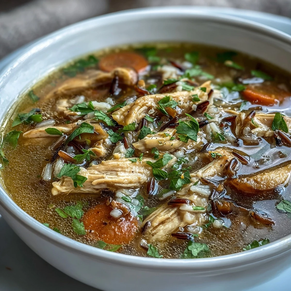 Hearty Chicken and Wild Rice Soup with tender chicken, nutty wild rice, and sweet carrots in a savory broth — perfect for cozy dinners.