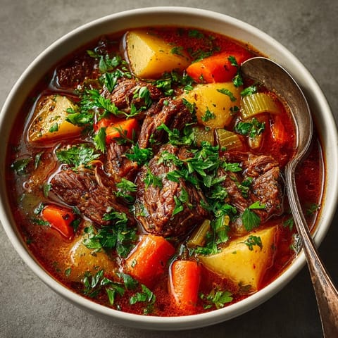 Rustic bowl of comforting Hearty Beef & Vegetable Stew, ready to be served.