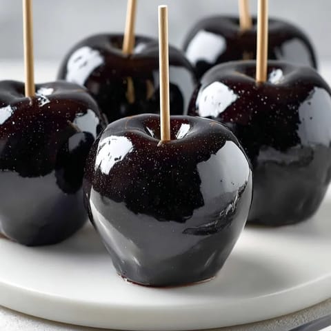 Homemade Black Poison Candy Apples with a glossy, jet black shell, ready to serve.