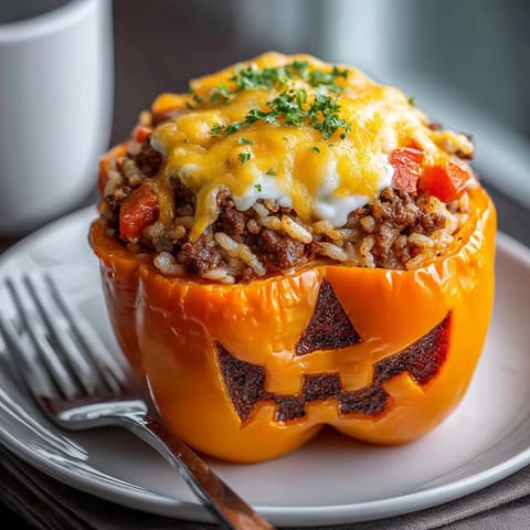 Golden, bubbling cheese tops these Halloween Stuffed Pepper Jack-O’-Lanterns, fresh out of the oven and ready to eat.