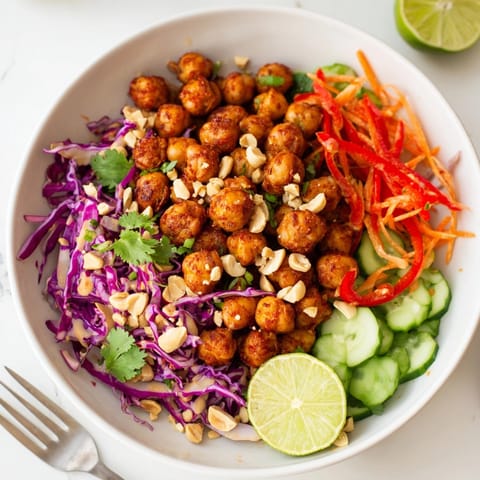 Crispy chickpeas and vibrant veggies tossed in rich peanut sauce: Thai Peanut Salad.