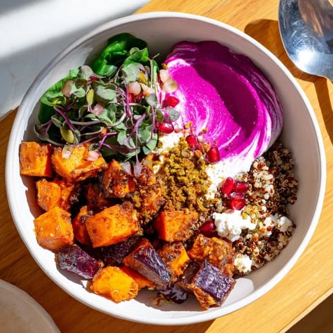 Delicious winter bowls filled with quinoa, roasted vegetables, and pistachio-maple crumble.  