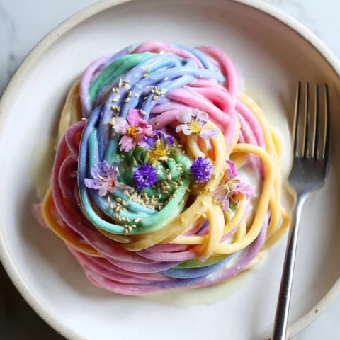 Whimsical Neon Noodle Cloud served in a bowl, showcasing rainbow noodles and flowers.  