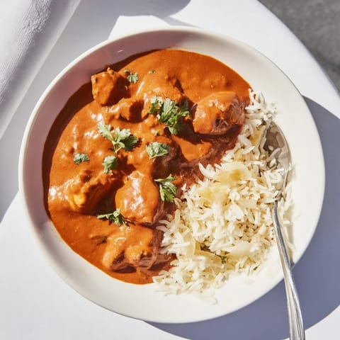 Aromatic butter chicken garnished with cilantro, beside fluffy basmati rice pilaf.  
