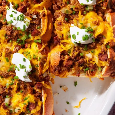 A bubbling 9x13 pan filled with savory Chili Dog Casserole, perfect for a hearty weeknight dinner.