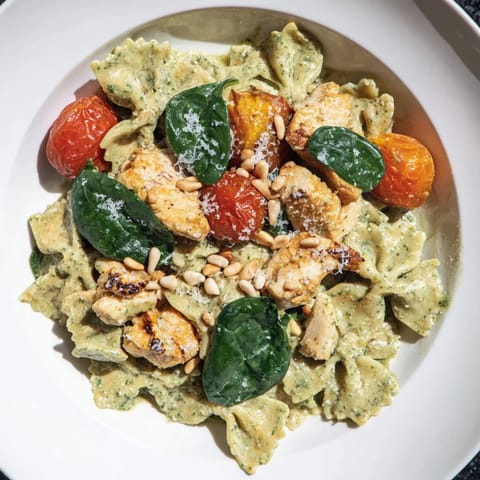 Close-up of pesto chicken bowtie pasta featuring tender chicken and vibrant, green pesto.