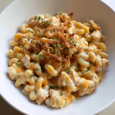 A close-up shot of creamy, savory One-Pot Honey BBQ Chicken Mac and Cheese is incredibly tempting.