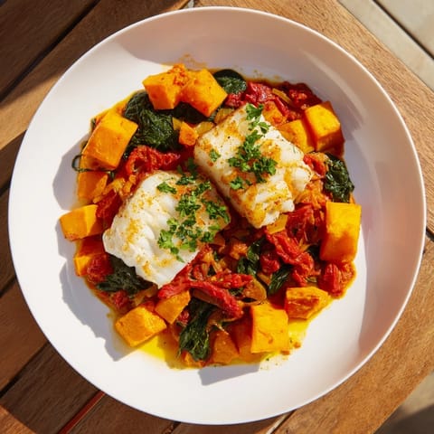 Freshly baked Baked Cod, served with vibrant roasted butternut squash and garnished with parsley.