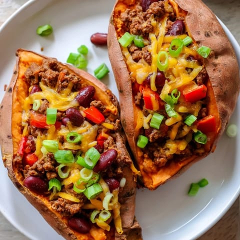 Hot, freshly cooked baked sweet potato stuffed with chili, with melting cheese and fragrant cilantro.
