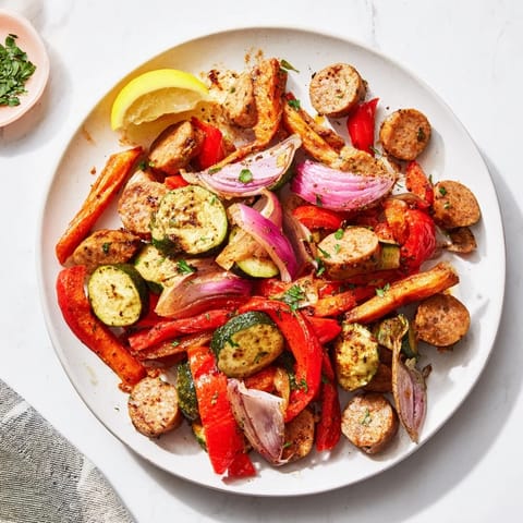 Golden-brown Sheet-Pan Roasted Veggies & Sausage served alongside fresh lemon wedges for a complete meal.
