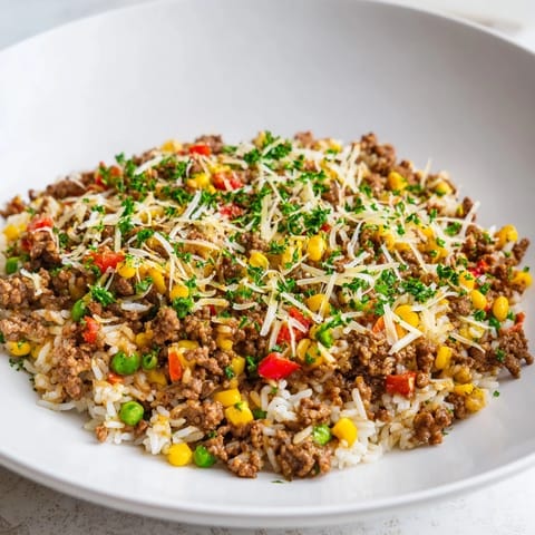 This Ground Beef Skillet with Veggies & Rice shows a colorful, flavorful dinner, perfect for busy weeknights.