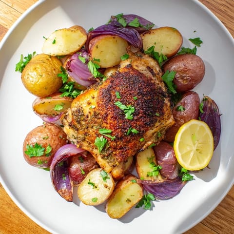 Tender Sheet Pan Zaatar Chicken with potatoes offering a delicious, flavorful Middle Eastern dinner.