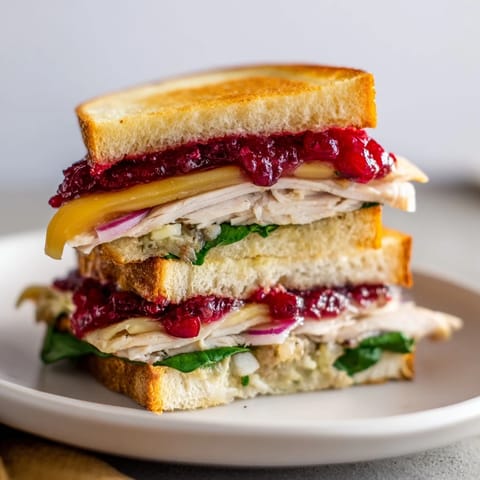 Warm and toasted, a close-up of a Budget Christmas Sandwich on brioche with melty cheese and tender turkey.