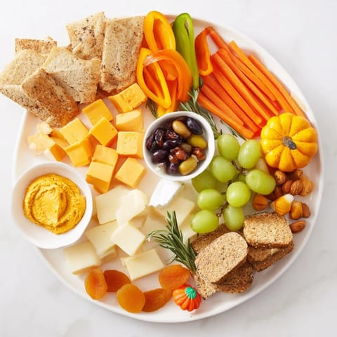 Delectable cheeses, fruits, and crackers arranged on a Pumpkin Patch Snack Board, perfect for fall gatherings.