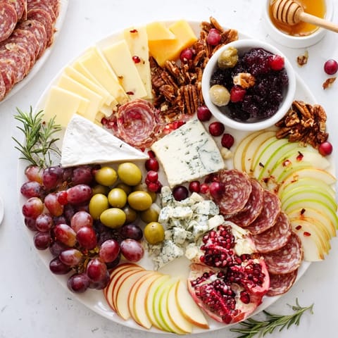 Festive Jingle Bell Cheese Board with an array of cheeses, fruits, and charcuterie, ready to enjoy.