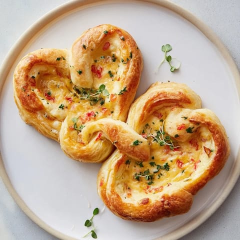 Valentine's Day Cœurs Entrelacés: baked puff pastry hearts, boasting roasted red peppers and fresh herbs.