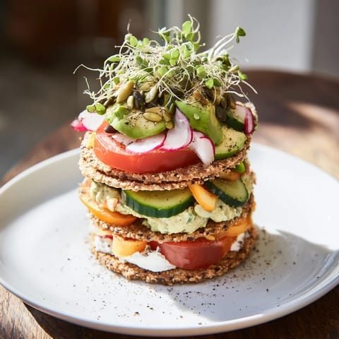 This Gluten-Free Gourmet Tower appetizer offers a visual delight, layered with fresh, colorful vegetables and creamy spreads.